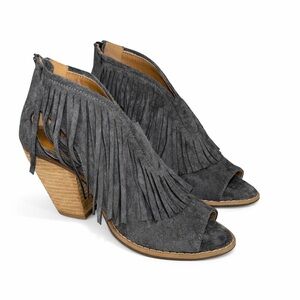 Mojo Moxy Gray Fringe Peep-Toe Heels